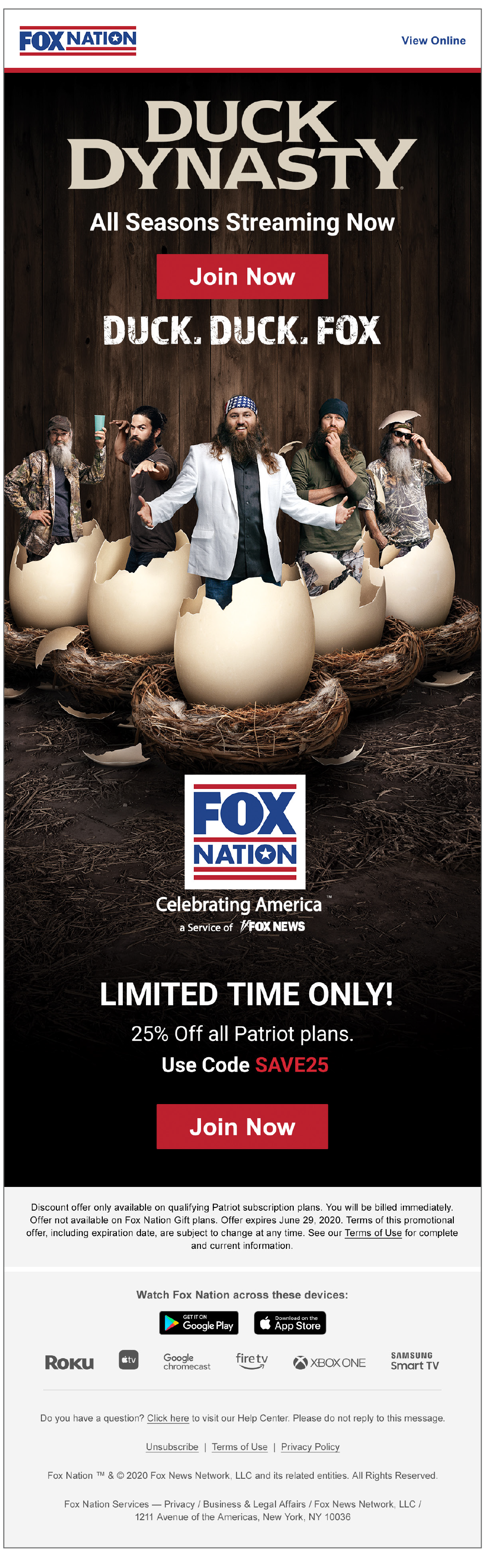 Duck Dynasty all seasons streaming email with a 25 percent off promo code offer