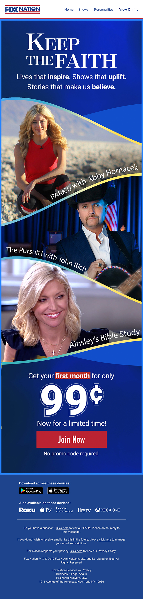 Keep the Faith acquisition email with a 99 cent first month offer