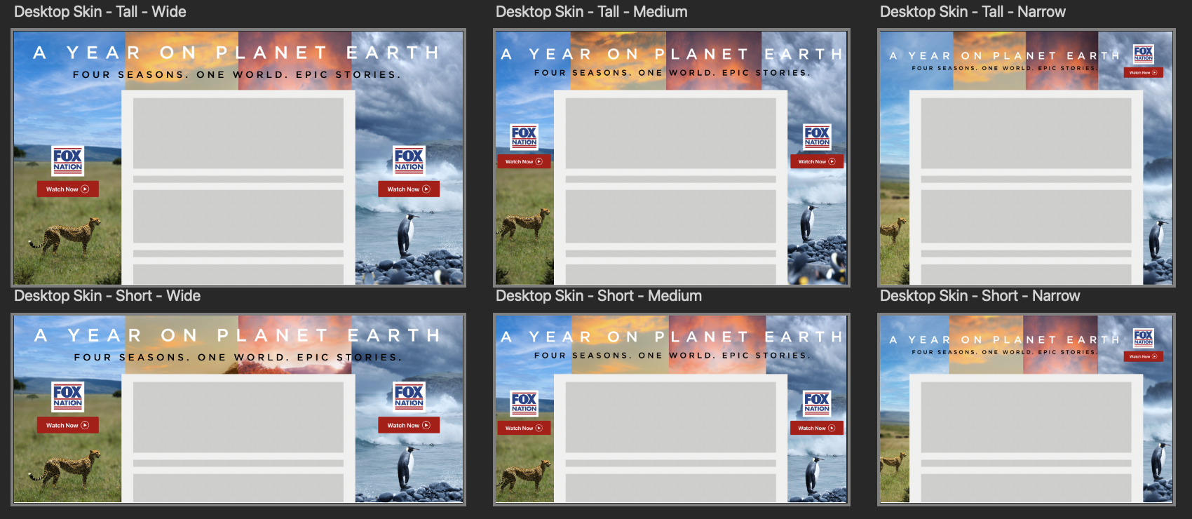 Six desktop skin variants for A Year on Planet Earth across tall and short, wide, medium and narrow widths